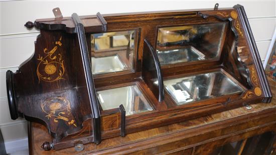 A late Victorian inlaid rosewood corner wall shelf, W.90cm